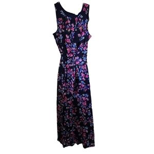 R&K Pink Blue Green Floral on Black Sleeveless Tie Waist Maxi Dress Size 16